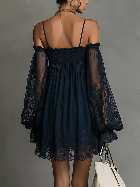 Navy Off-Shoulder Lace Trim Chiffon Mini Dress With Sheer Sleeves