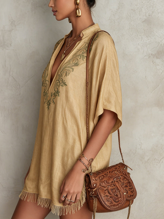 Beige Embroidered V-Neck Mini Dress With Fringe Hem