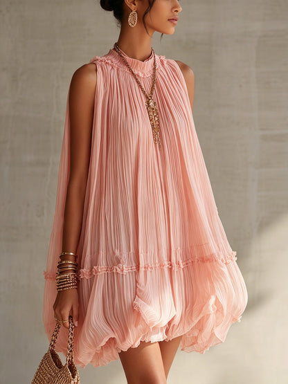 Pink Pleated Chiffon Mini Dress With Ruffled Hem