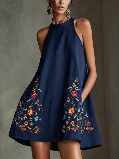 Black Embroidered Halter A-Line Mini Dress
