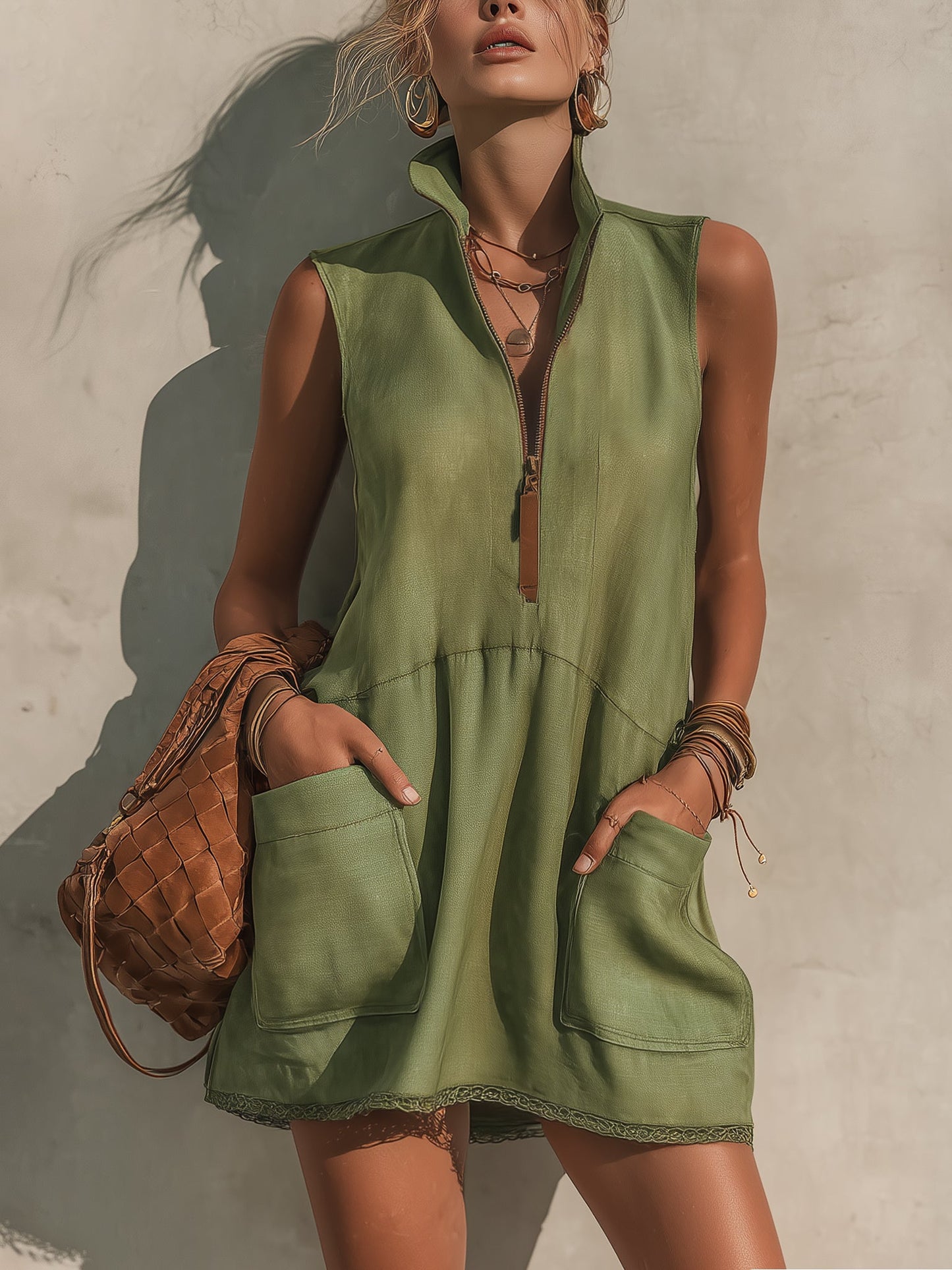Olive Green Half Zip Linen Blend Mini Dress