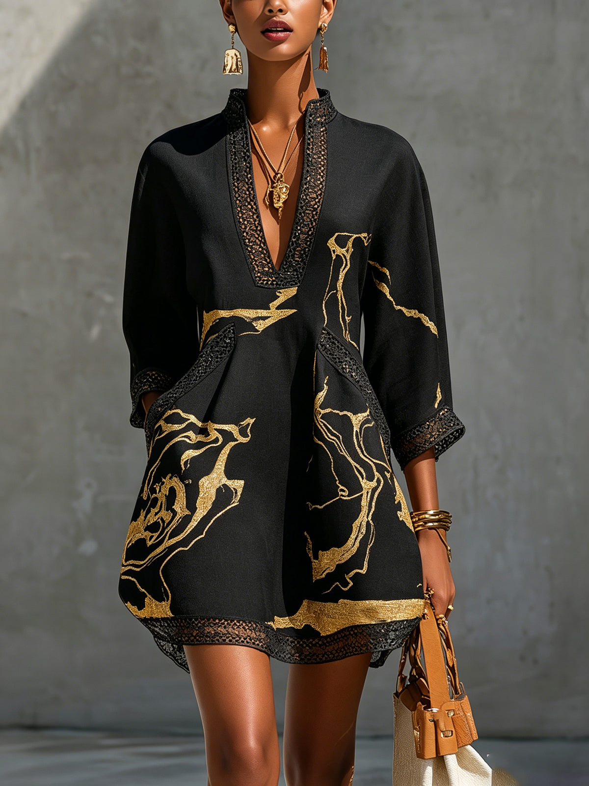 Ivory Gold Print V-Neck Mini Dress With Crochet Trim