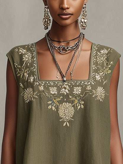Olive Green Sleeveless Mini Dress With Embroidered Square Neckline