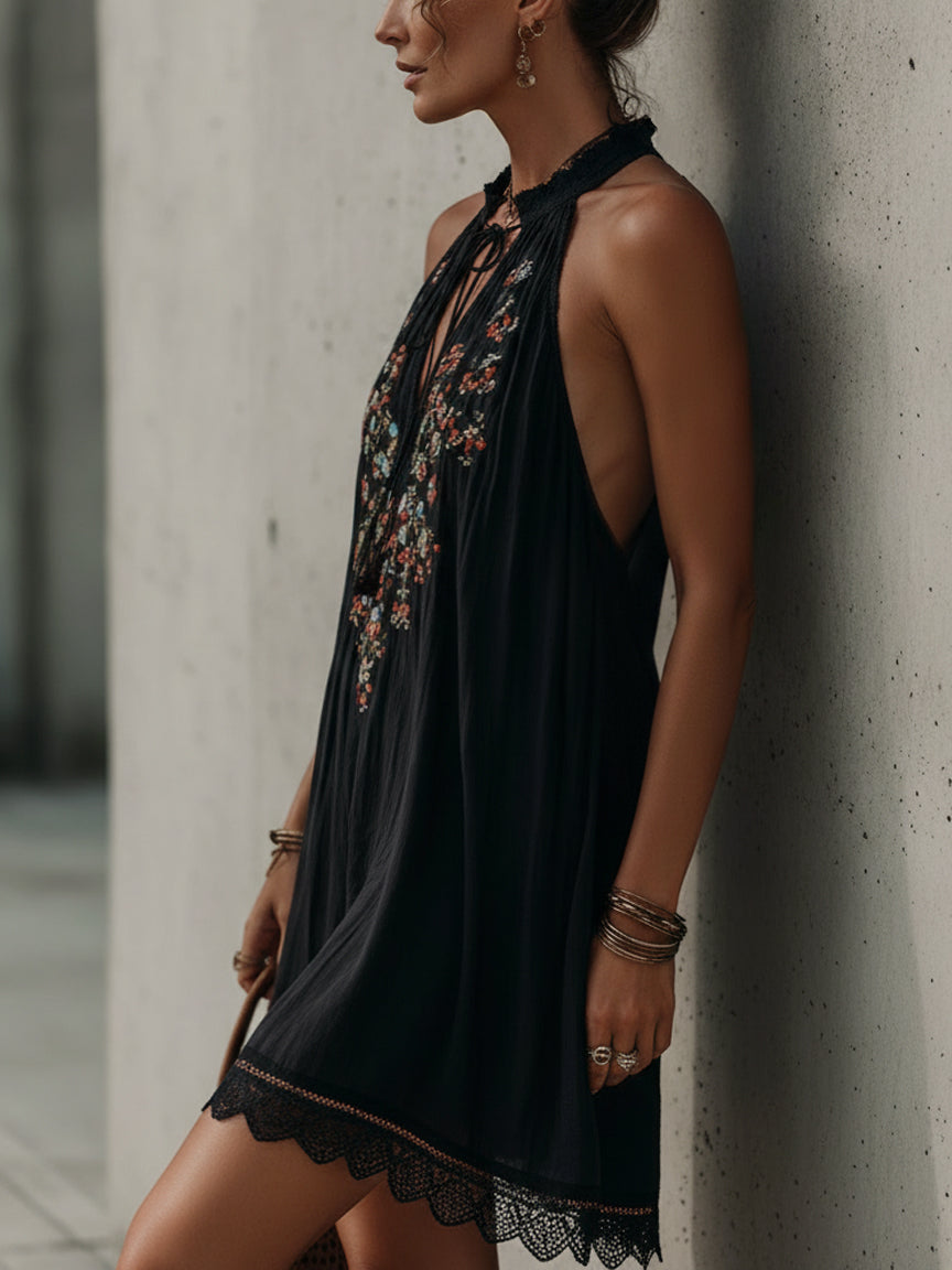 Black  Embroidered Cotton Mini Dress