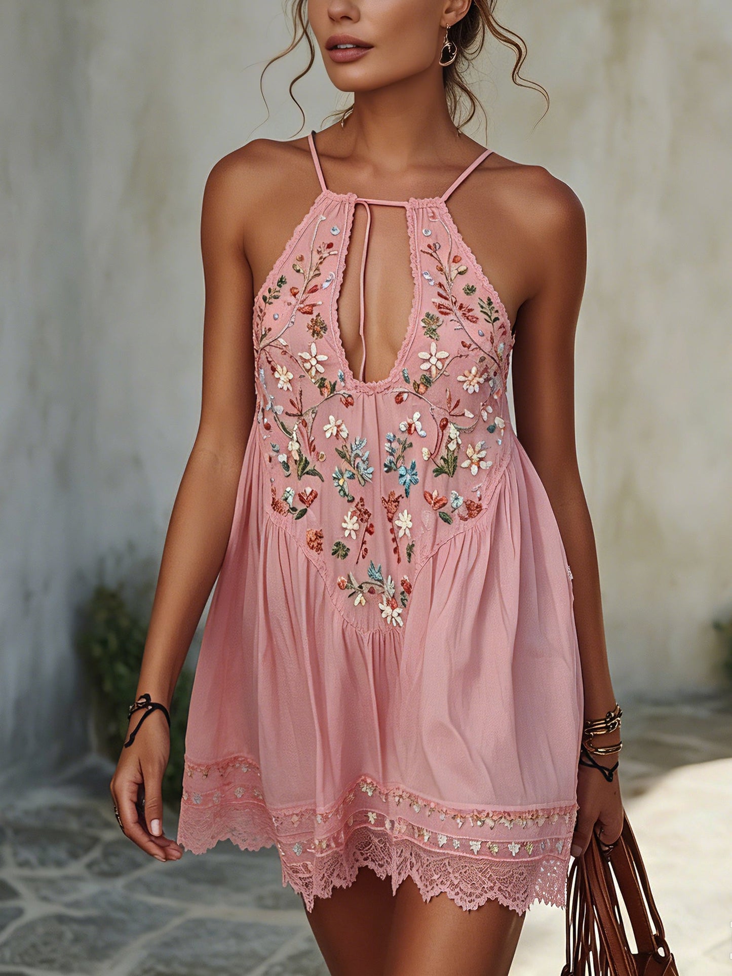 Pink  Embroidered Cotton Mini Dress