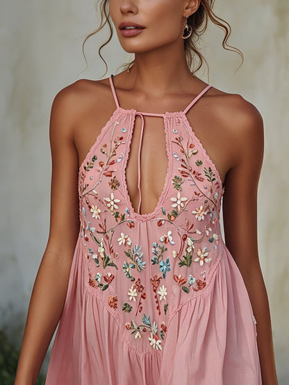 Pink  Embroidered Cotton Mini Dress