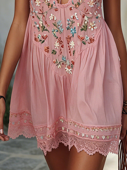 Pink  Embroidered Cotton Mini Dress