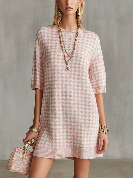 Pink Houndstooth Knit Mini Dress With Half Sleeves