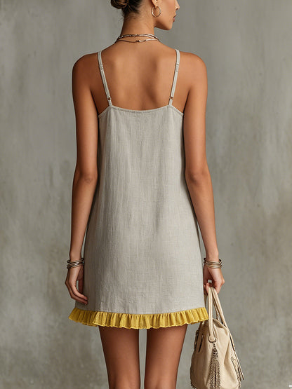 Gray Floral Embroidered Ruffle Hem Cami Dress