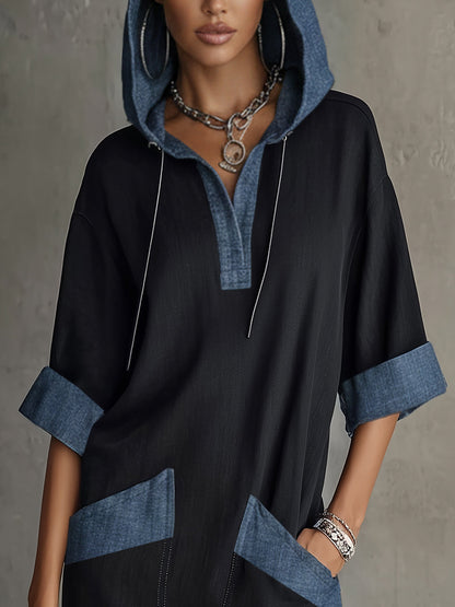 Black Contrast Hooded Fringe Hem Mini Dress
