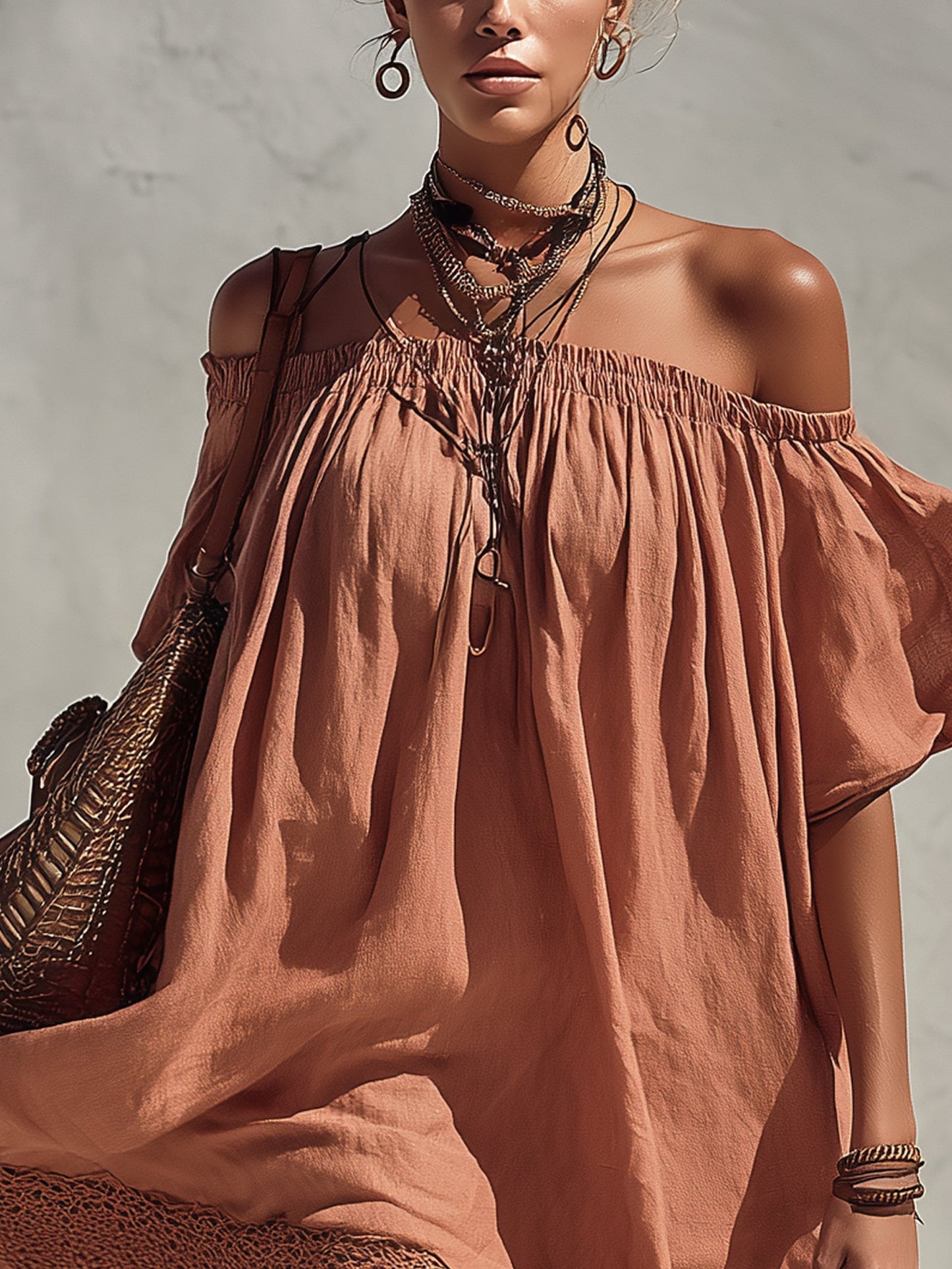 Pink Off Shoulder Linen Blend Mini Dress