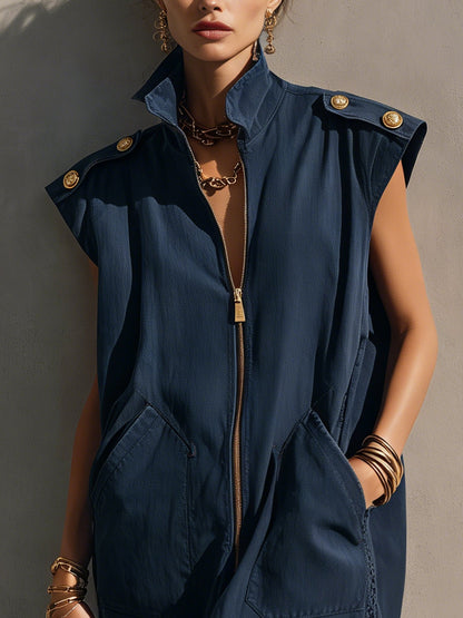 Indigo Washed Cotton Sleeveless Mini Dress