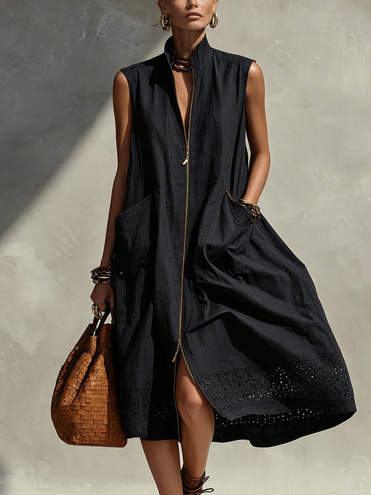 Black Zipper Sleeveless  Linen Blend Midi Dress