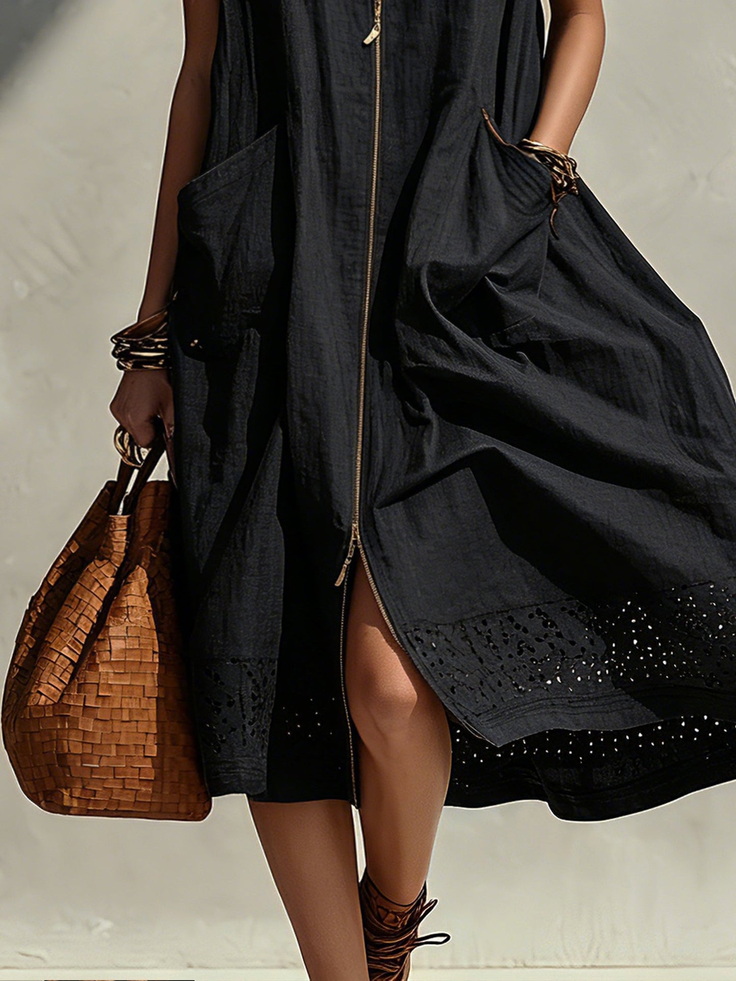 Black Zipper Sleeveless  Linen Blend Midi Dress