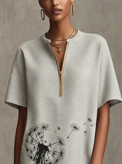 Gray Textured Short Sleeve Mini Dress with Dandelion Print and Zip Front