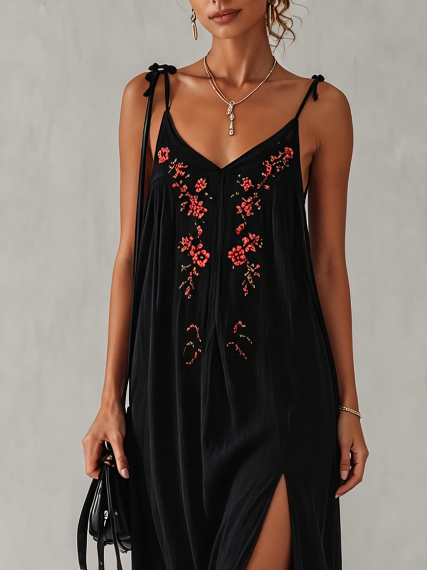 Black Cotton Linen Maxi Dress With Vintage Floral Embroidery