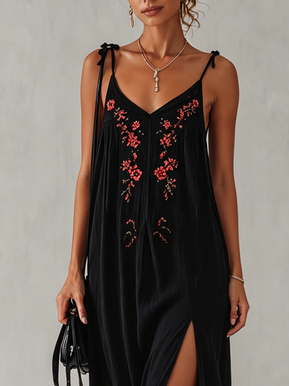Black Cotton Linen Maxi Dress With Vintage Floral Embroidery