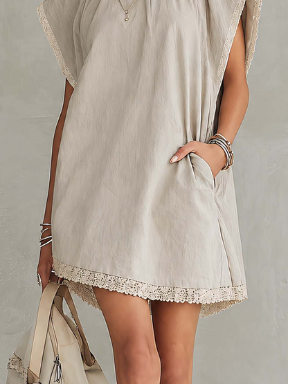 Light Gray Lace Trim Washed Cotton Patchwork Mini Dress
