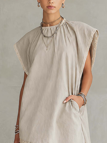 Light Gray Lace Trim Washed Cotton Patchwork Mini Dress