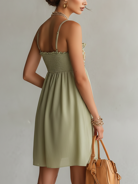 Light Green Embroidered Vintage Ruffle Spaghetti Strap Mini Dress