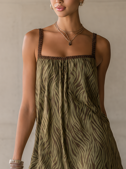 Olive Green Zebra Print Mini Dress With Woven Trim And Ruffled Hem