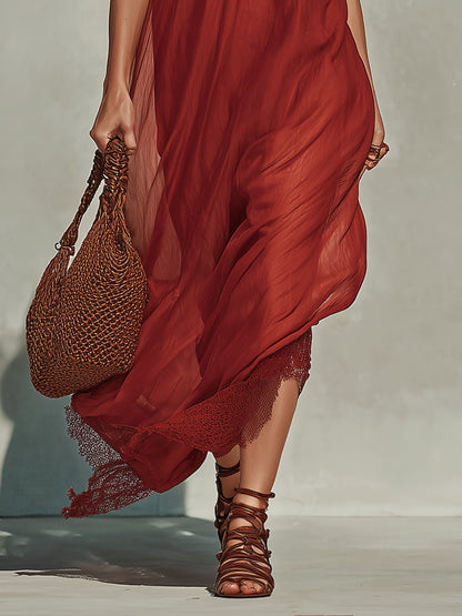 Red Chiffon Maxi Dress With Gold Buttons