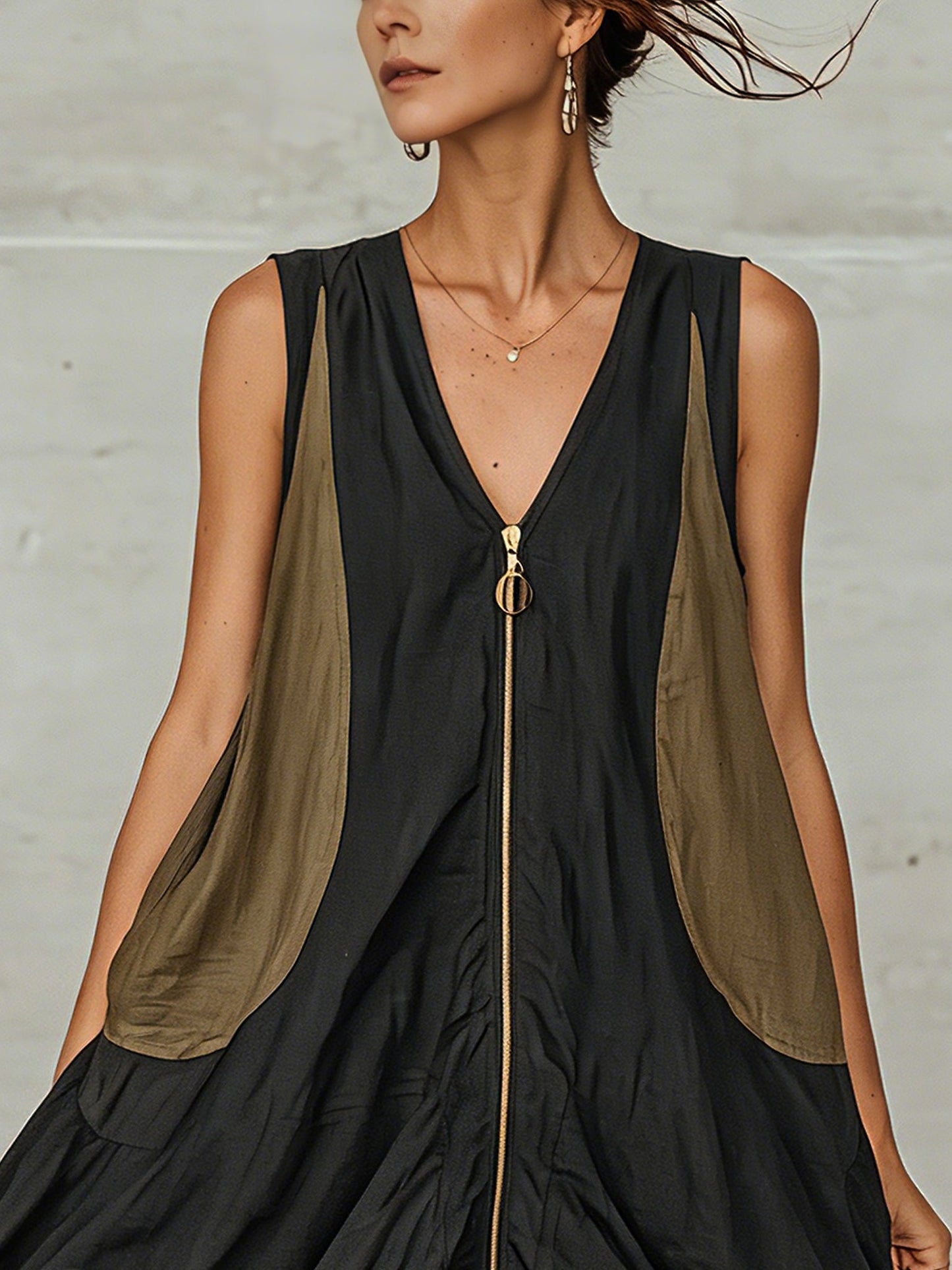 Black Linen Blend Colorblock Mini Dress