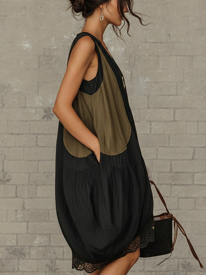 Black Linen Blend Colorblock Mini Dress