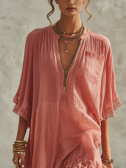 Pink Chiffon Ruffled Zip Mini Dress