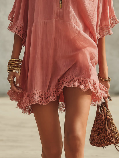Pink Chiffon Ruffled Zip Mini Dress
