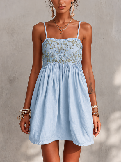 Pink Vintage Embroidered Linen Cotton Mini Cami Dress