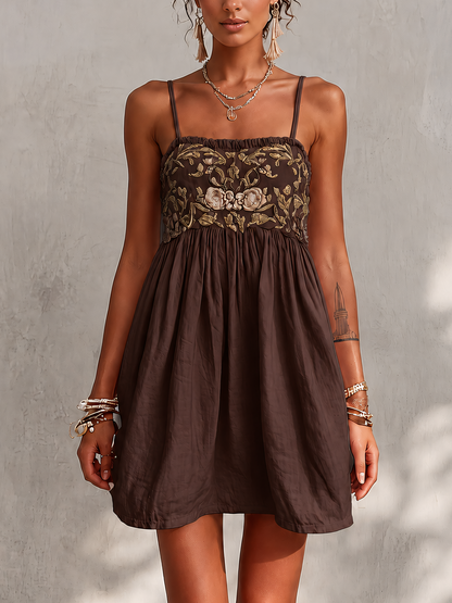 Pink Vintage Embroidered Linen Cotton Mini Cami Dress