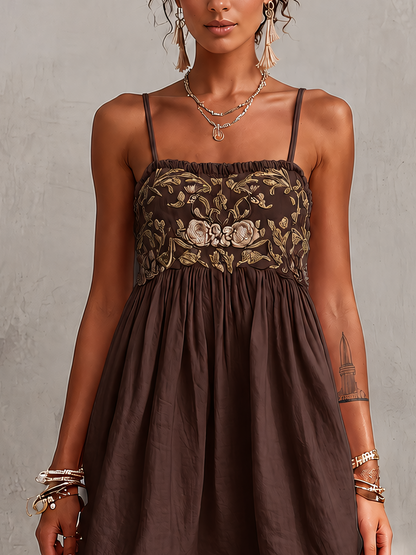 Pink Vintage Embroidered Linen Cotton Mini Cami Dress