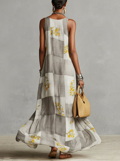 Gray and White Checkered Floral Print Sleeveless Maxi Dress