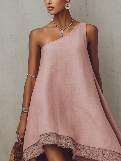 Pink One Shoulder Linen Blend Midi Dress