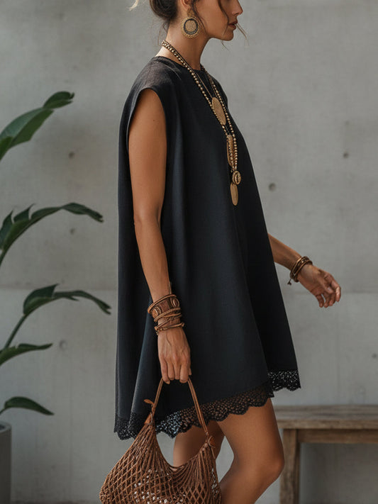 Black Embroidered Linen Mini Dress