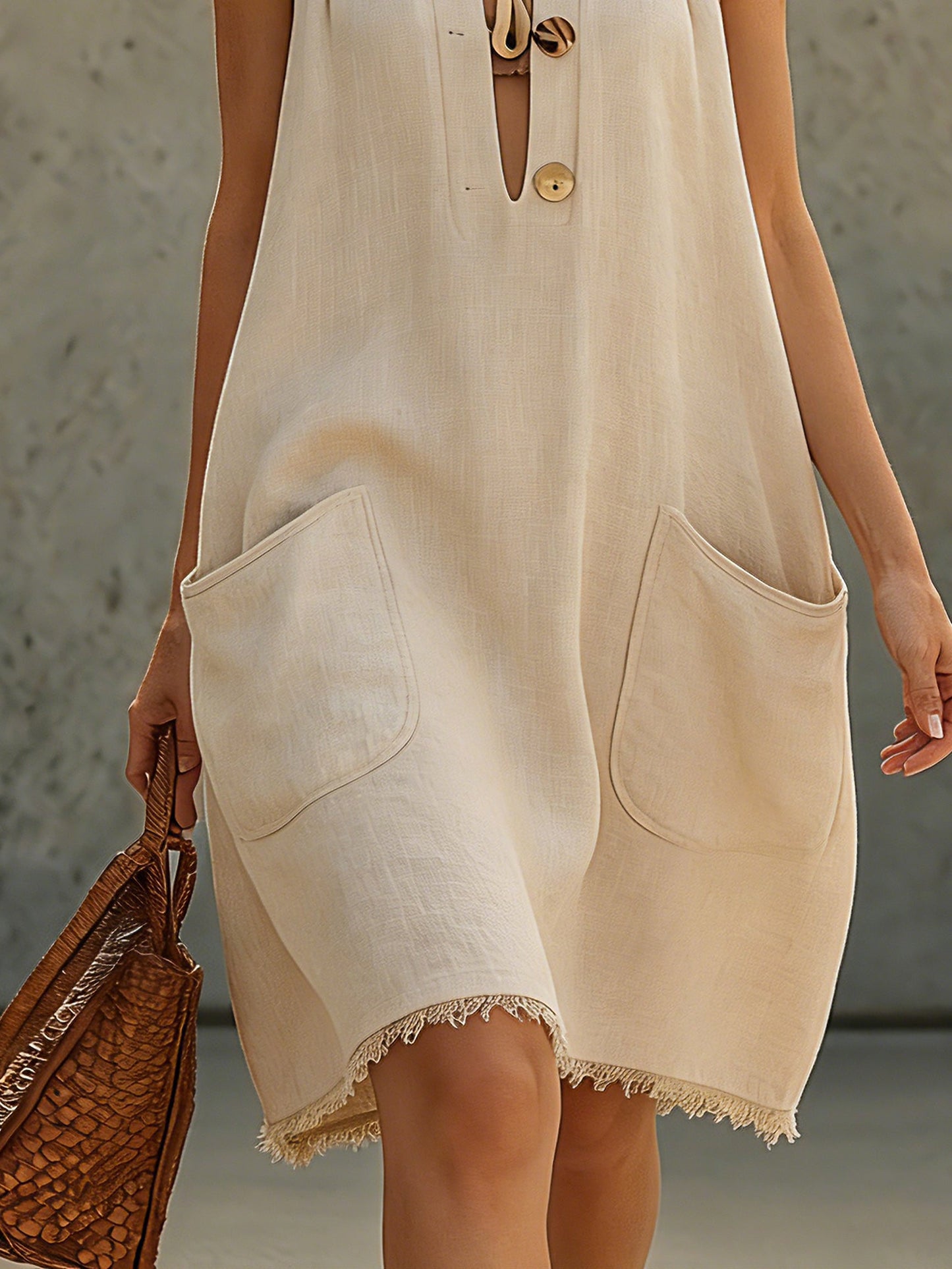 Beige Linen Sleeveless Button Midi Dress