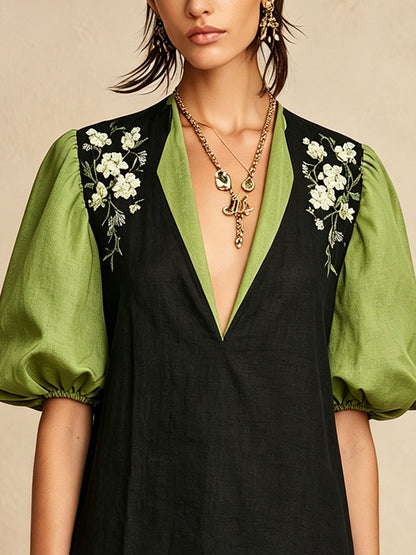 Black And Green Puff Sleeve Mini Dress With Floral Embroidery
