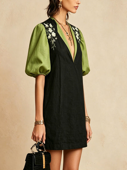 Black And Green Puff Sleeve Mini Dress With Floral Embroidery