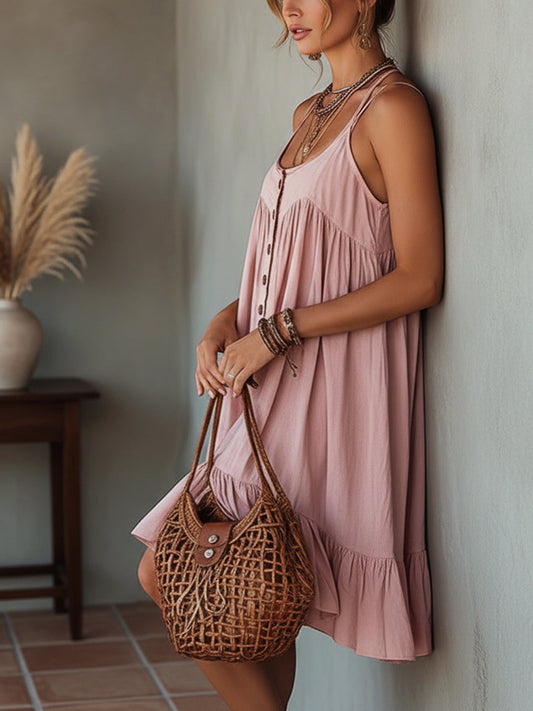 Pink Double Strap Cotton Linen Mini Dress