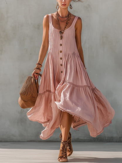 Pink Linen Blend Sleeveless Pleated Maxi Dress