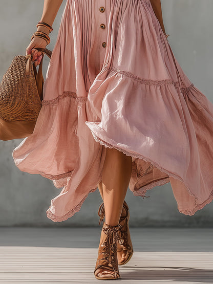 Pink Linen Blend Sleeveless Pleated Maxi Dress