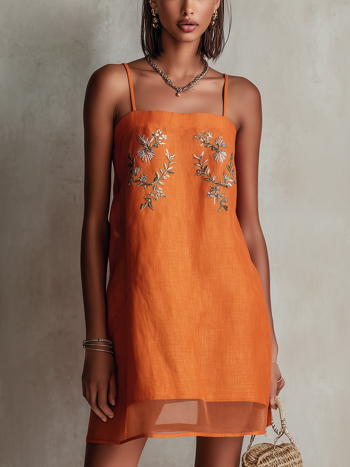 Orange Linen Mini Dress With Floral Embroidery And Spaghetti Straps