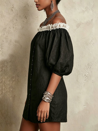 Black Off-Shoulder Mini Dress With Puff Sleeves And Ruffled Trim