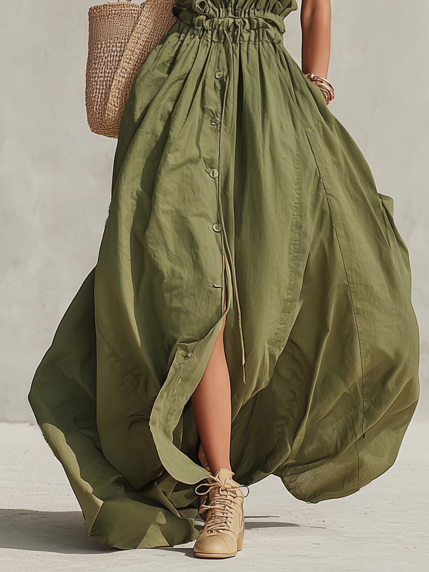 Green Sleeveless Cotton Blend Button Down Maxi Dress
