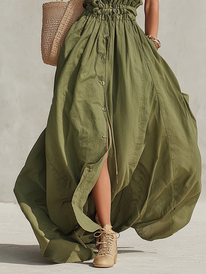 Green Sleeveless Cotton Blend Button Down Maxi Dress