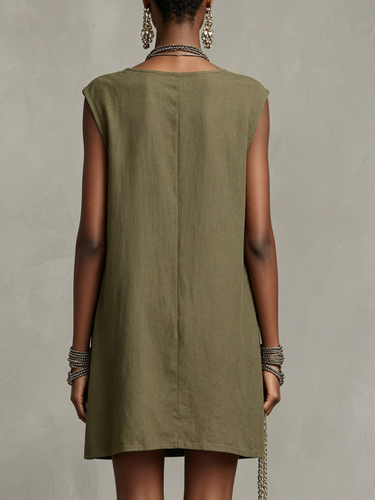 Olive Green Sleeveless Mini Dress With Embroidered Square Neckline