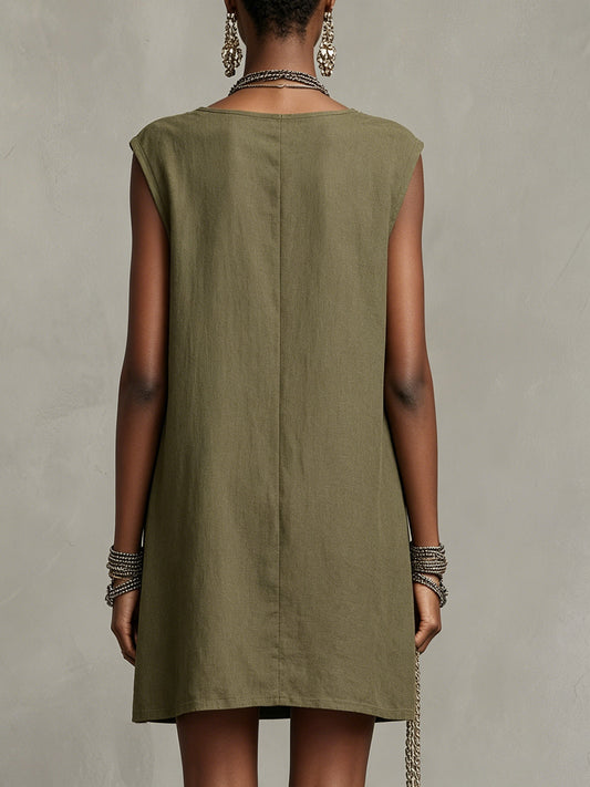 Olive Green Sleeveless Mini Dress With Embroidered Square Neckline