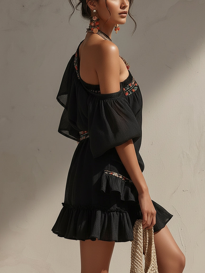 Black Asymmetric Chiffon Embroidered Mini Dress