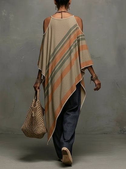 Khaki Linen Blend Printed Off Shoulder Dress With Fringe Hem